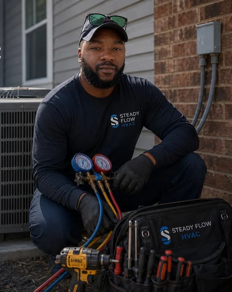 Steady Flow HVAC owner-technician in branded gear performing diagnostics on an outdoor AC unit in Southeast Louisiana